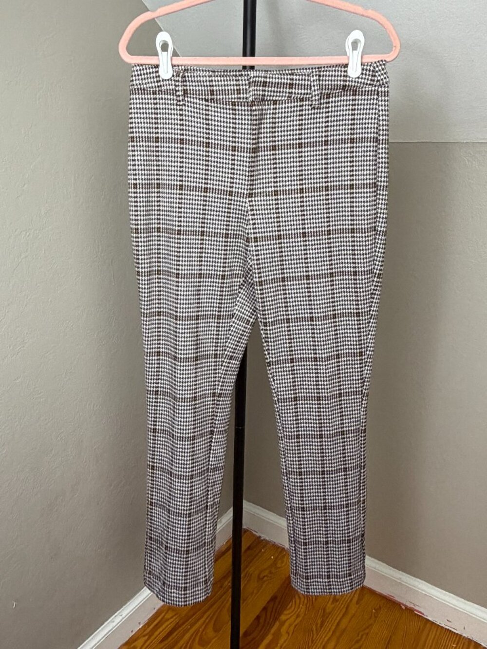 Free People Molly Slim Fit Plaid Pants Neutral Combo Houndstooth Cropped Trouser